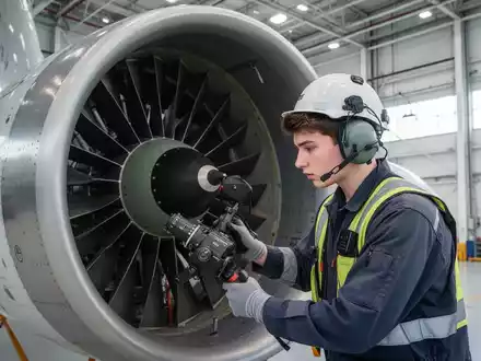 Auszubildender Techniker bei der Arbeit an einem Flugzeugtriebwerk in einer modernen Wartungshalle. - Foto: über boerse-global.de