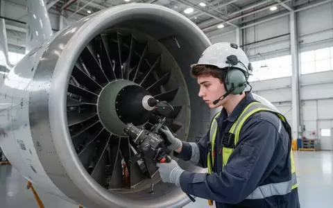 Auszubildender Techniker bei der Arbeit an einem Flugzeugtriebwerk in einer modernen Wartungshalle. - Foto: über boerse-global.de