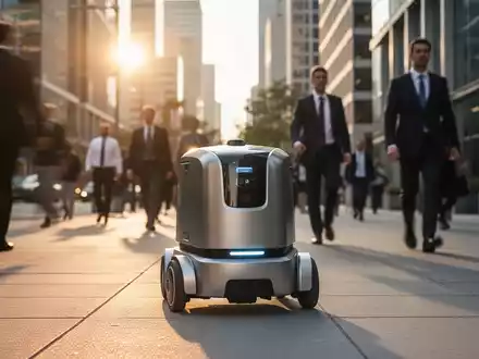Ein autonomer Lieferroboter fährt auf einem belebten Gehweg in einer modernen Stadt bei Sonnenuntergang. - Foto: über boerse-global.de