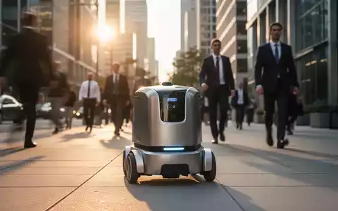 Ein autonomer Lieferroboter fährt auf einem belebten Gehweg in einer modernen Stadt bei Sonnenuntergang. - Foto: über boerse-global.de