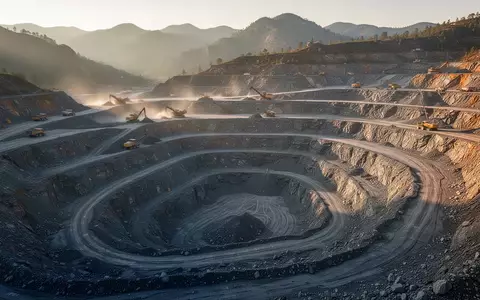Ein weitläufiger Tagebau in einer bergigen Landschaft mit terrassierten Gesteinsschichten im goldenen Licht. - Foto: über boerse-global.de