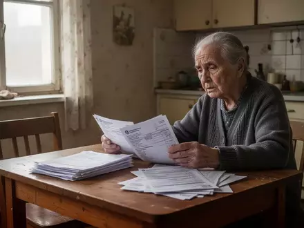 Eine ältere Person sitzt besorgt an einem Küchentisch und betrachtet Dokumente und Rechnungen in einer bescheidenen Wohnung. - Foto: über boerse-global.de