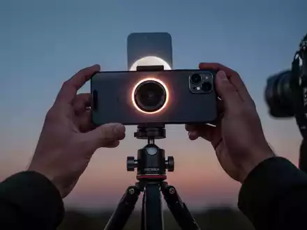 Ein Smartphone auf einem Stativ, das auf eine partielle Sonnenfinsternis am Abendhimmel ausgerichtet ist. - Foto: über boerse-global.de