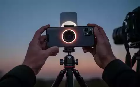 Ein Smartphone auf einem Stativ, das auf eine partielle Sonnenfinsternis am Abendhimmel ausgerichtet ist. - Foto: über boerse-global.de