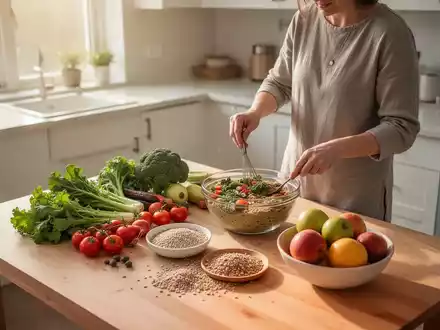 Eine Person bereitet in einer hellen Küche ein gesundes Frühstück mit frischem Gemüse und Obst zu, beleuchtet durch sanftes Morgenlicht. - Foto: über boerse-global.de