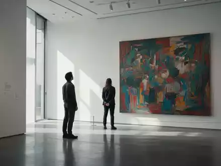 Eine Person betrachtet in ruhiger, heller Atmosphäre ein abstraktes Gemälde in einem modernen Museum. - Foto: über boerse-global.de
