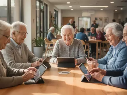 Senioren sitzen gemeinsam an einem Tisch und lernen in entspannter Atmosphäre den Umgang mit Tablets und Smartphones. - Foto: über boerse-global.de
