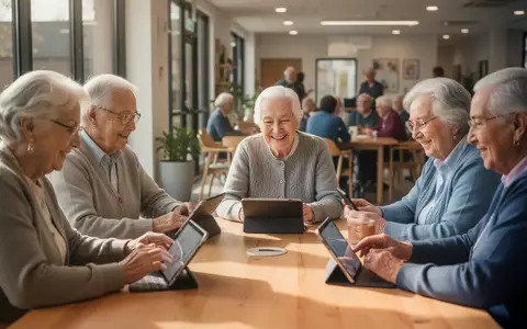 Senioren sitzen gemeinsam an einem Tisch und lernen in entspannter Atmosphäre den Umgang mit Tablets und Smartphones. - Foto: über boerse-global.de
