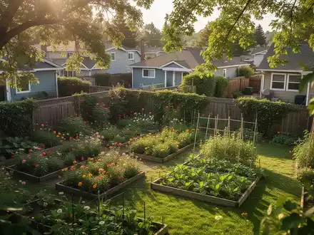 Ein sonniger Privatgarten mit blühenden Beeten und Grünflächen in einem Wohngebiet, der zur Bewegung und Entspannung einlädt. - Foto: über boerse-global.de