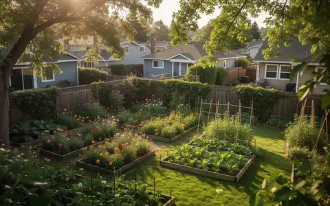 Ein sonniger Privatgarten mit blühenden Beeten und Grünflächen in einem Wohngebiet, der zur Bewegung und Entspannung einlädt. - Foto: über boerse-global.de