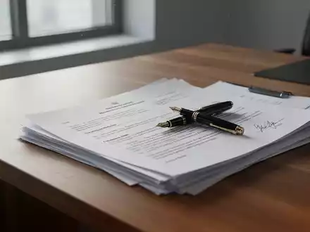 Ein offener Schreibtisch mit juristischen Unterlagen und einem Füllfederhalter in einem hellen, modernen Büro. - Foto: über boerse-global.de
