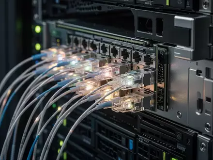 Nahaufnahme von hochmoderner Netzwerk-Hardware und Glasfaser-Verbindungen in einem KI-Rechenzentrum. - Foto: über boerse-global.de