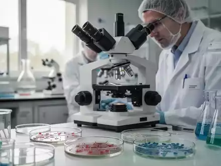 Ein Wissenschaftler arbeitet in einem sterilen medizinischen Forschungslabor an einem Mikroskop. - Foto: über boerse-global.de