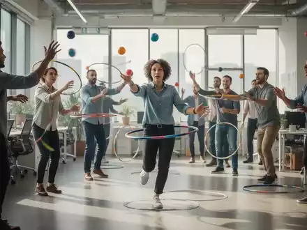 Kollegen in einem hellen Studio beim gemeinsamen Training von Zirkus-Skills wie Jonglage und Gleichgewichtsübungen. - Foto: über boerse-global.de