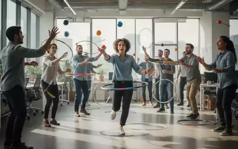 Kollegen in einem hellen Studio beim gemeinsamen Training von Zirkus-Skills wie Jonglage und Gleichgewichtsübungen. - Foto: über boerse-global.de