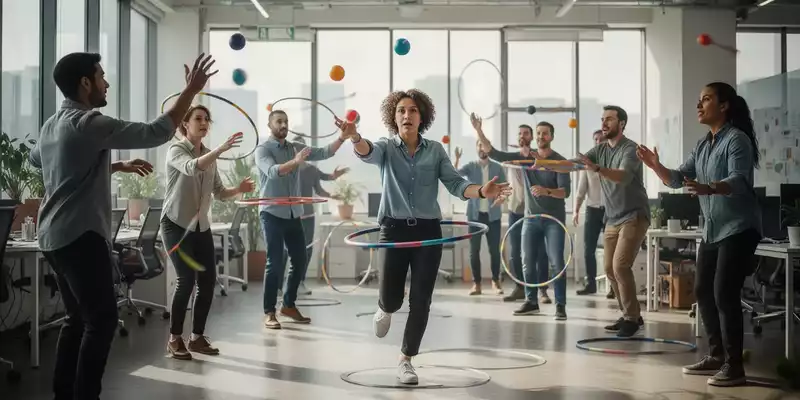 Kollegen in einem hellen Studio beim gemeinsamen Training von Zirkus-Skills wie Jonglage und Gleichgewichtsübungen. - Foto: über boerse-global.de