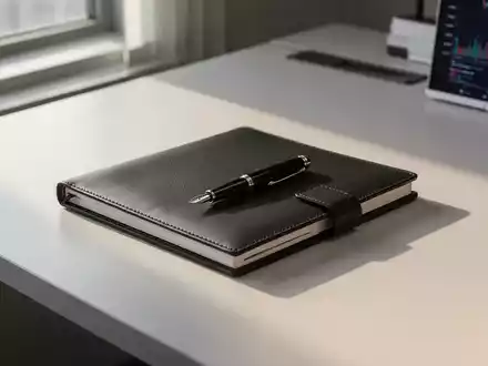 Ein moderner Schreibtisch in einem Büro mit einem Notizbuch und einem Füllfederhalter bei natürlichem Licht. - Foto: über boerse-global.de