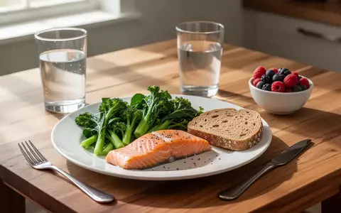 Ein Teller mit frischem Gemüse, Lachs und Vollkornbrot auf einem Holztisch als Symbol für gesunde Ernährung. - Foto: über boerse-global.de