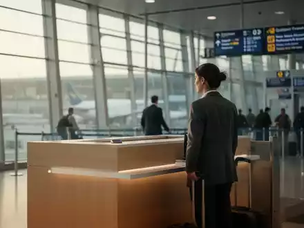 Ein Reisender steht an einem Zollkontrollpunkt in einem modernen Flughafen bei natürlichem Tageslicht. - Foto: über boerse-global.de