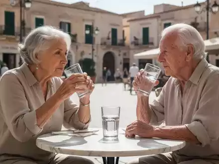 Ein älteres Paar sitzt an einem sonnigen Café-Tisch im Urlaub und trinkt ein Glas Wasser. - Foto: über boerse-global.de