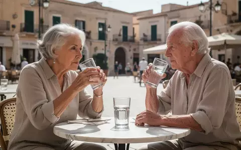 Ein älteres Paar sitzt an einem sonnigen Café-Tisch im Urlaub und trinkt ein Glas Wasser. - Foto: über boerse-global.de