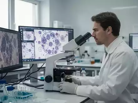 Ein Wissenschaftler in einem modernen Labor bei der mikroskopischen Analyse von Zellproben in der Krebsforschung. - Foto: über boerse-global.de
