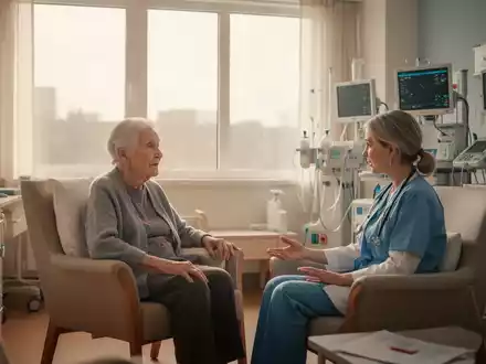 Eine Pflegekraft im Gespräch mit einem älteren Menschen in einem hellen, modernen Krankenhauszimmer. - Foto: über boerse-global.de