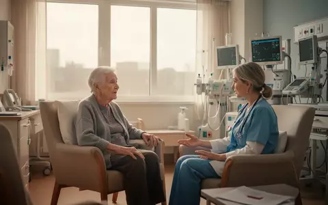 Eine Pflegekraft im Gespräch mit einem älteren Menschen in einem hellen, modernen Krankenhauszimmer. - Foto: über boerse-global.de