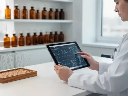 Ein Mediziner betrachtet klinische Daten in einer modernen Praxis, im Hintergrund sind Utensilien der Schmerztherapie sichtbar. - Foto: ĂŒber boerse-global.de