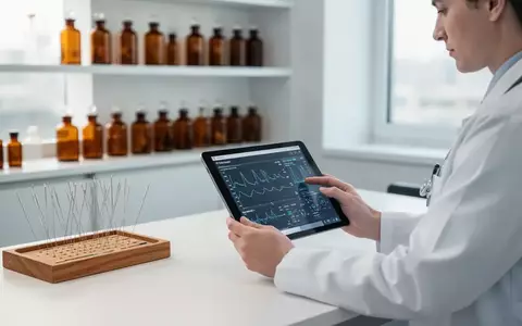 Ein Mediziner betrachtet klinische Daten in einer modernen Praxis, im Hintergrund sind Utensilien der Schmerztherapie sichtbar. - Foto: über boerse-global.de