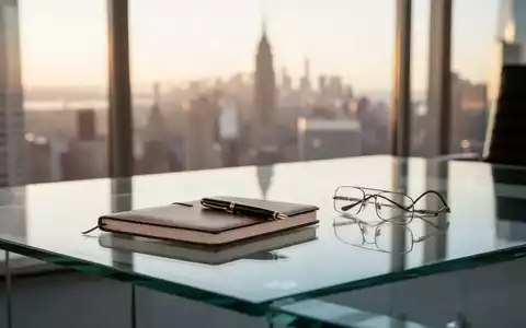 Ein minimalistischer Schreibtisch in einem hellen Büro mit Blick auf eine Skyline bei Sonnenuntergang. - Foto: über boerse-global.de