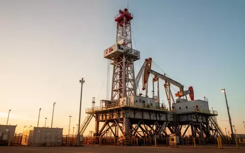Ein moderner Bohrturm in einer Industrielandschaft während des Sonnenuntergangs. - Foto: über boerse-global.de