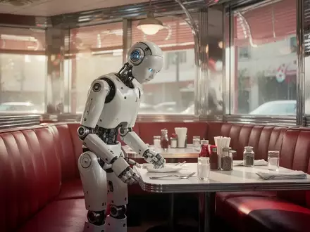 Ein humanoider Optimus-Roboter steht in einem klassischen amerikanischen Diner und interagiert mit der Umgebung. - Foto: über boerse-global.de