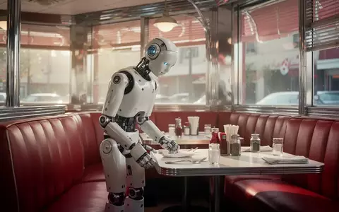 Ein humanoider Optimus-Roboter steht in einem klassischen amerikanischen Diner und interagiert mit der Umgebung. - Foto: über boerse-global.de