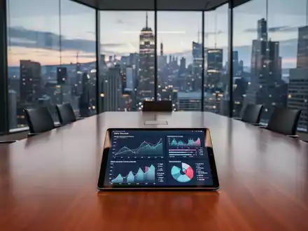 Ein moderner Konferenzraum mit Blick auf ein Finanzviertel und ein Tablet mit abstrakten Datenvisualisierungen. - Foto: über boerse-global.de