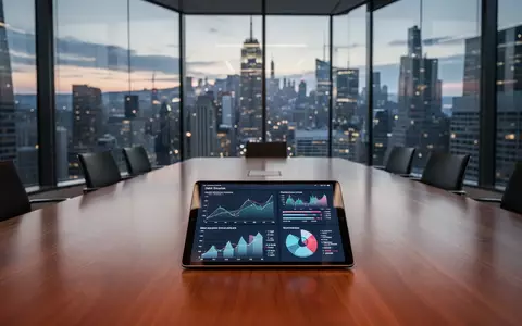 Ein moderner Konferenzraum mit Blick auf ein Finanzviertel und ein Tablet mit abstrakten Datenvisualisierungen. - Foto: über boerse-global.de