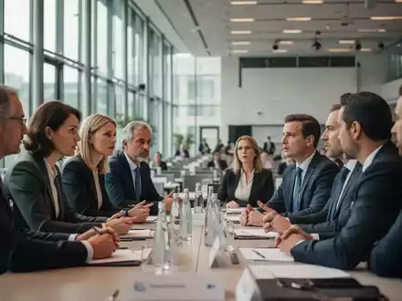Teilnehmer eines Fachkongresses für Arbeitnehmervertreter im Gespräch in einem hellen Konferenzraum in Berlin. - Foto: über boerse-global.de