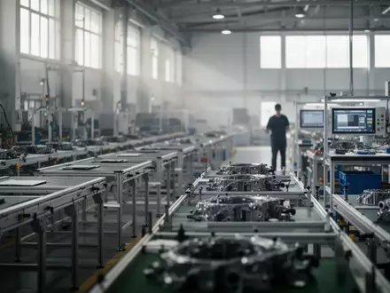 Leere Produktionshalle in einem Automobilzulieferwerk mit verwaisten Arbeitsplätzen und industriellen Montagelinien. - Foto: über boerse-global.de