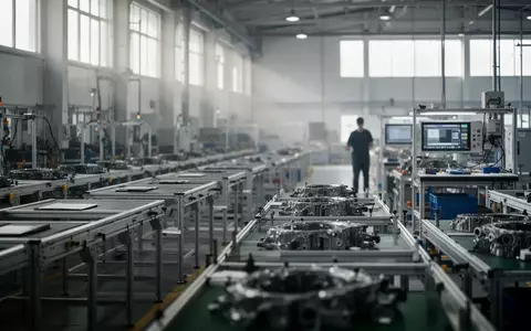 Leere Produktionshalle in einem Automobilzulieferwerk mit verwaisten Arbeitsplätzen und industriellen Montagelinien. - Foto: über boerse-global.de