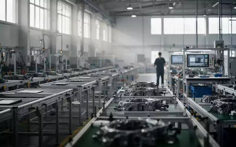 Leere Produktionshalle in einem Automobilzulieferwerk mit verwaisten Arbeitsplätzen und industriellen Montagelinien. - Foto: über boerse-global.de
