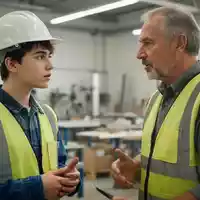 Ein Jugendlicher im Arbeitsoutfit im Gespräch mit einem Mentor in einer Werkstatt zur beruflichen Orientierung. - Foto: über boerse-global.de