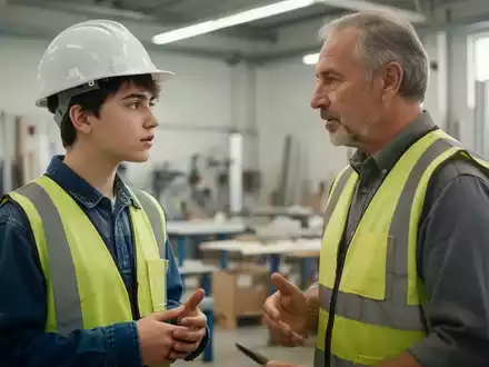 Ein Jugendlicher im Arbeitsoutfit im Gespräch mit einem Mentor in einer Werkstatt zur beruflichen Orientierung. - Foto: über boerse-global.de