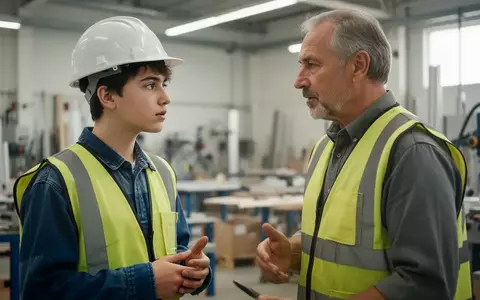 Ein Jugendlicher im Arbeitsoutfit im Gespräch mit einem Mentor in einer Werkstatt zur beruflichen Orientierung. - Foto: über boerse-global.de