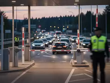 Ein Grenzübergang zwischen der Schweiz und Deutschland bei Dämmerung mit Fahrzeugen und einem Zollbeamten. - Foto: über boerse-global.de