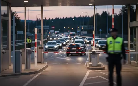 Ein Grenzübergang zwischen der Schweiz und Deutschland bei Dämmerung mit Fahrzeugen und einem Zollbeamten. - Foto: über boerse-global.de