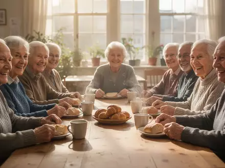 Eine Gruppe älterer Menschen sitzt an einem hellen Tisch zusammen beim gemeinsamen Frühstück in einem Gemeinschaftszentrum. - Foto: über boerse-global.de