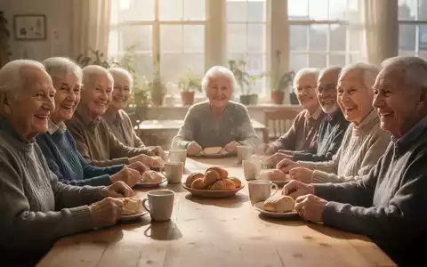 Eine Gruppe älterer Menschen sitzt an einem hellen Tisch zusammen beim gemeinsamen Frühstück in einem Gemeinschaftszentrum. - Foto: über boerse-global.de