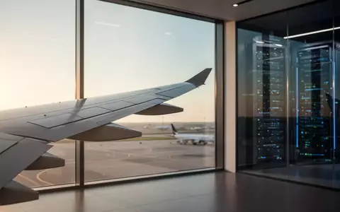 Flugzeugtragfläche vor einem Flughafen bei Sonnenuntergang, symbolisch für die digitale Transformation der Luftfahrt. - Foto: über boerse-global.de