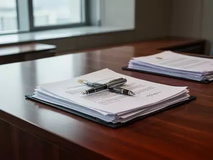 Ein Schreibtisch in einem modernen Büro mit offiziellen Dokumenten und einem Füllfederhalter. - Foto: über boerse-global.de