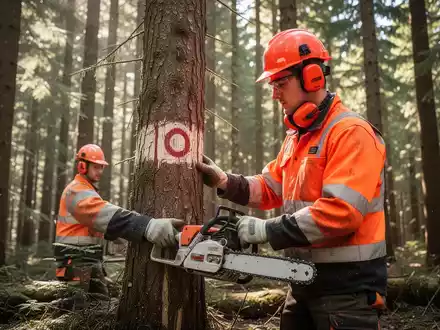 Forstmitarbeiter in Sicherheitskleidung mit Kettensäge bei der Arbeit in einem sonnendurchfluteten Wald. - Foto: über boerse-global.de